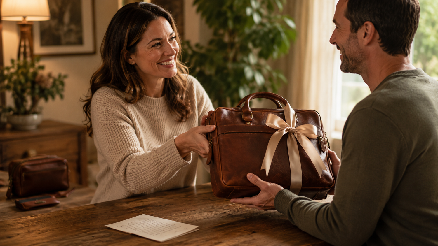 Woman giving her husband a brown leather briefcase with a ribbon as a 3 year anniversary gift
