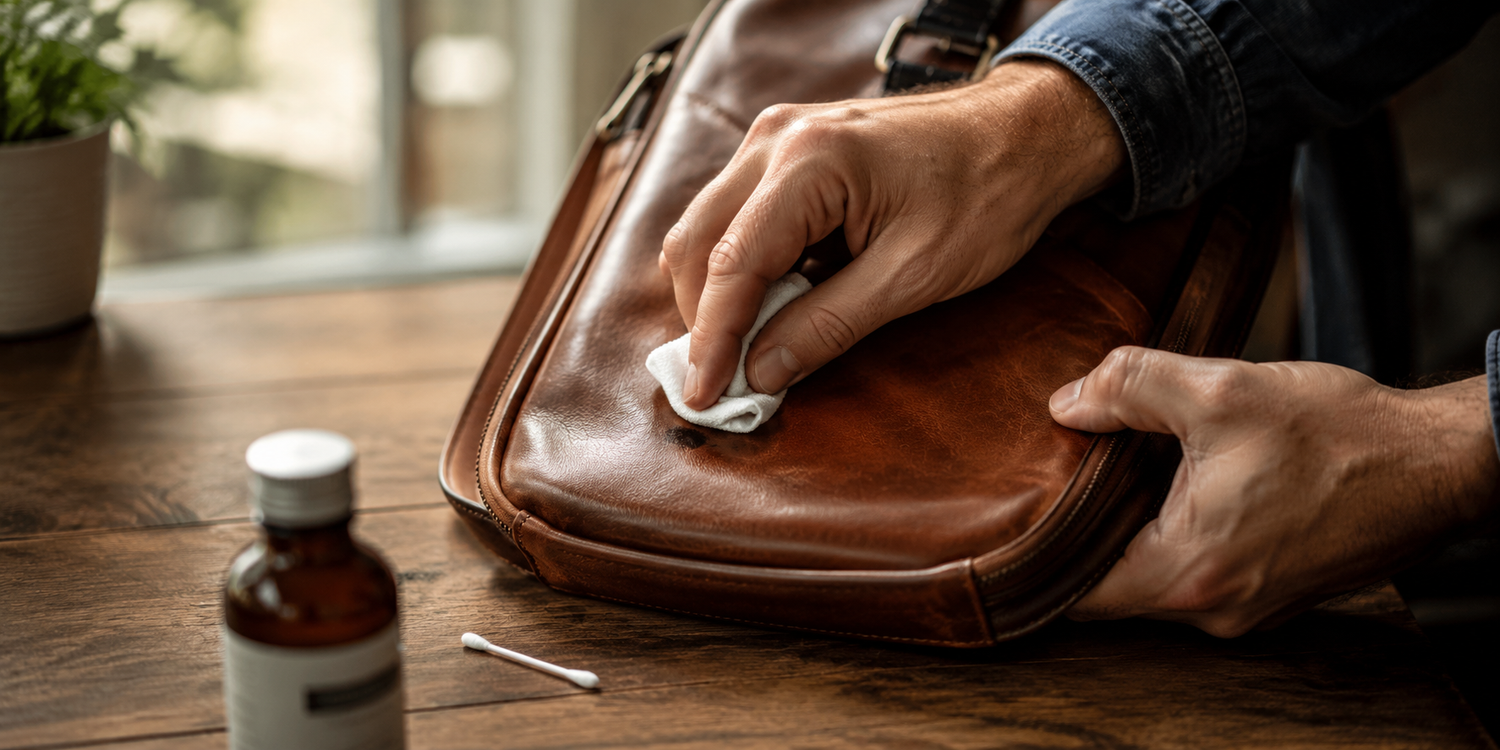 Man treating a small ink mark on a brown leather bag with a soft cloth on a wooden desk