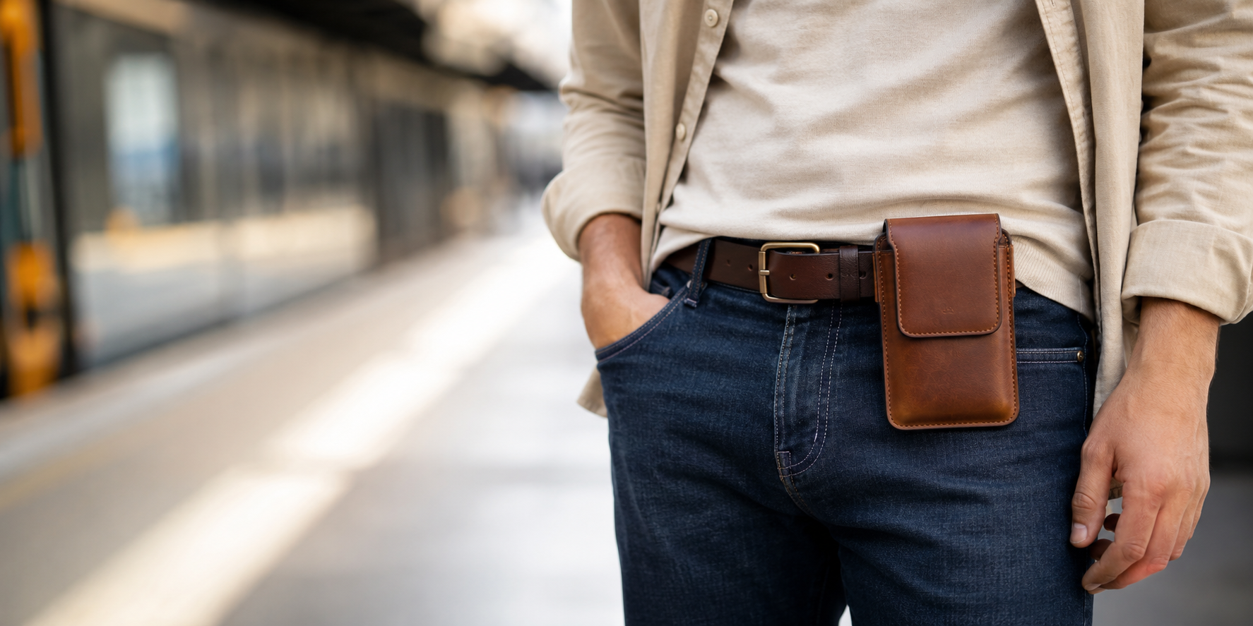 leather belt pouch on a man's belt in a city street, everyday carry