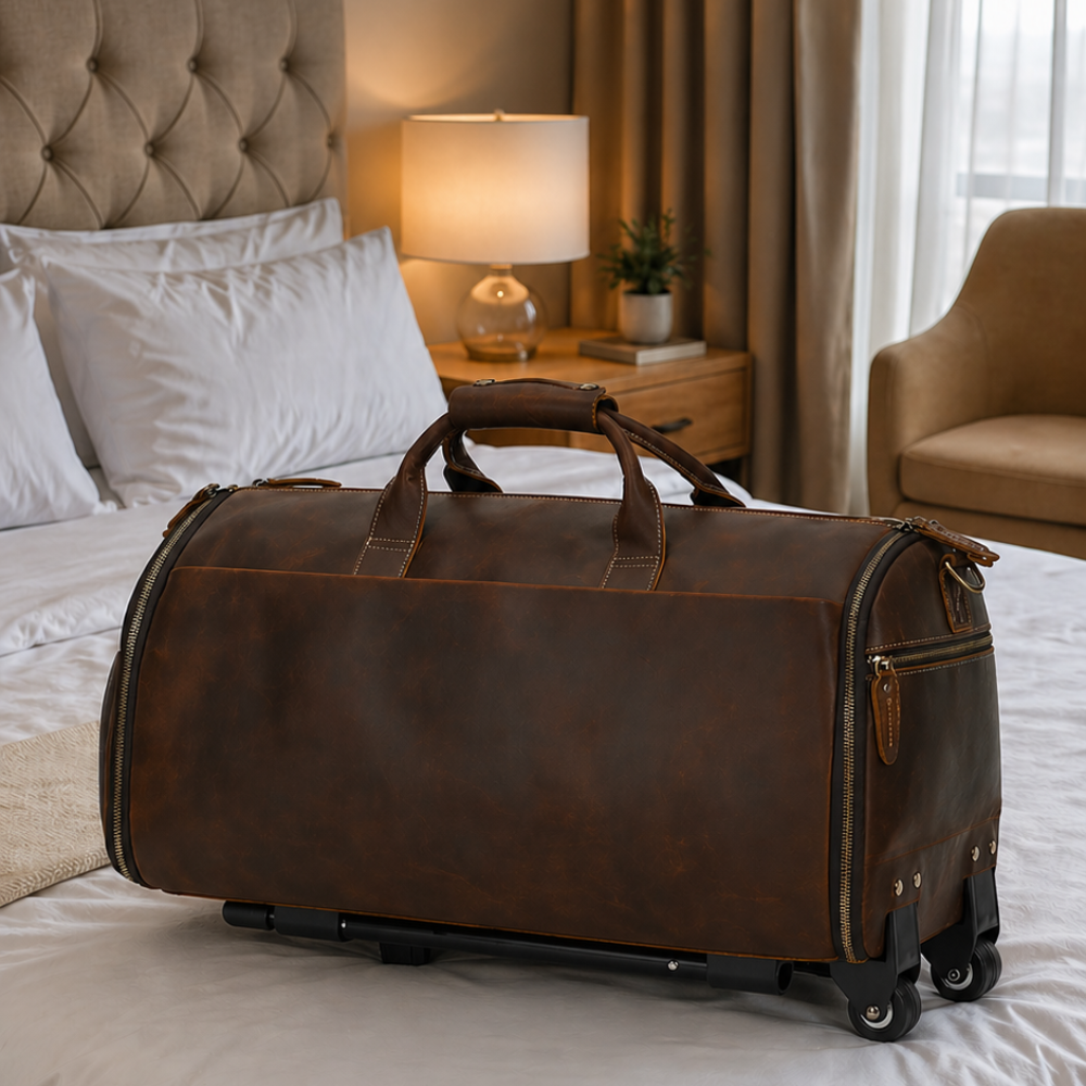 Men’s Leather Rolling Duffle Bag – Wheeled Weekender Travel Bag