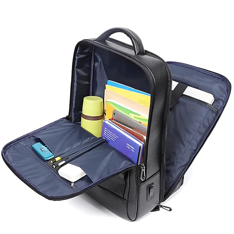 Black Leather Laptop Backpack – 15.6 Inch Business Work Backpack