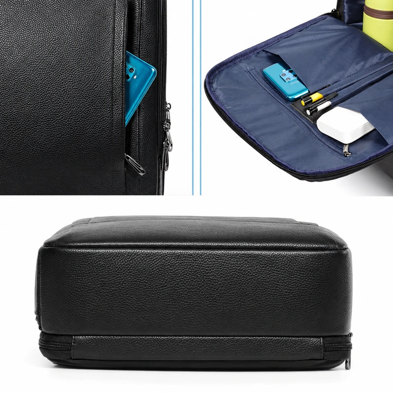 Black Leather Laptop Backpack – 15.6 Inch Business Work Backpack