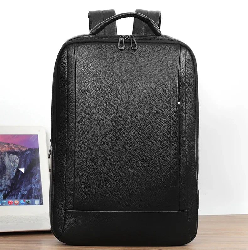 Black Leather Laptop Backpack – 15.6 Inch Business Work Backpack