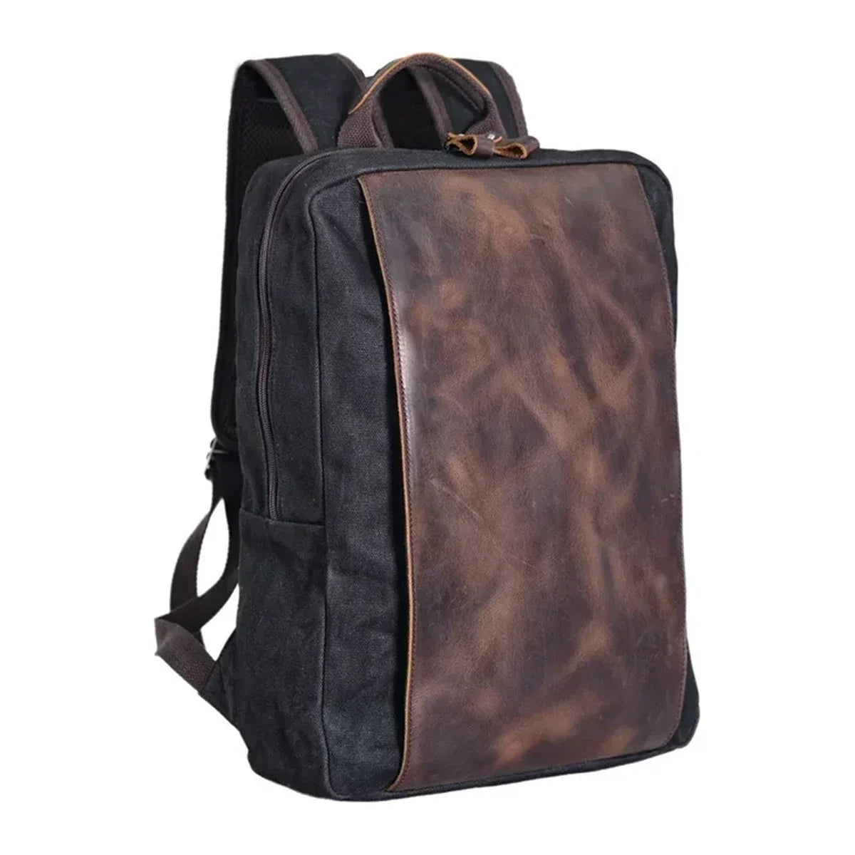 Slim Canvas Laptop Backpack with Leather Front Panel - Black