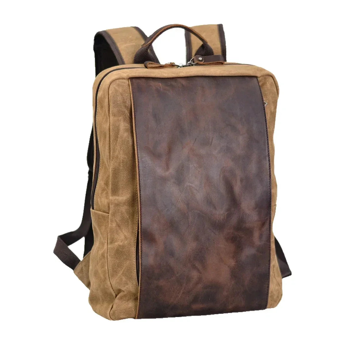 Slim Canvas Laptop Backpack with Leather Front Panel - Khaki