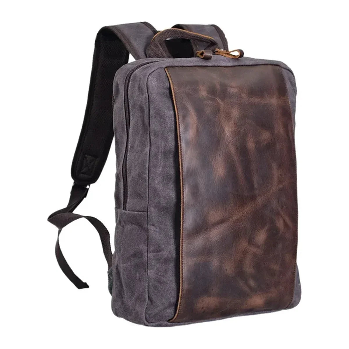 Slim Canvas Laptop Backpack with Leather Front Panel - Gray