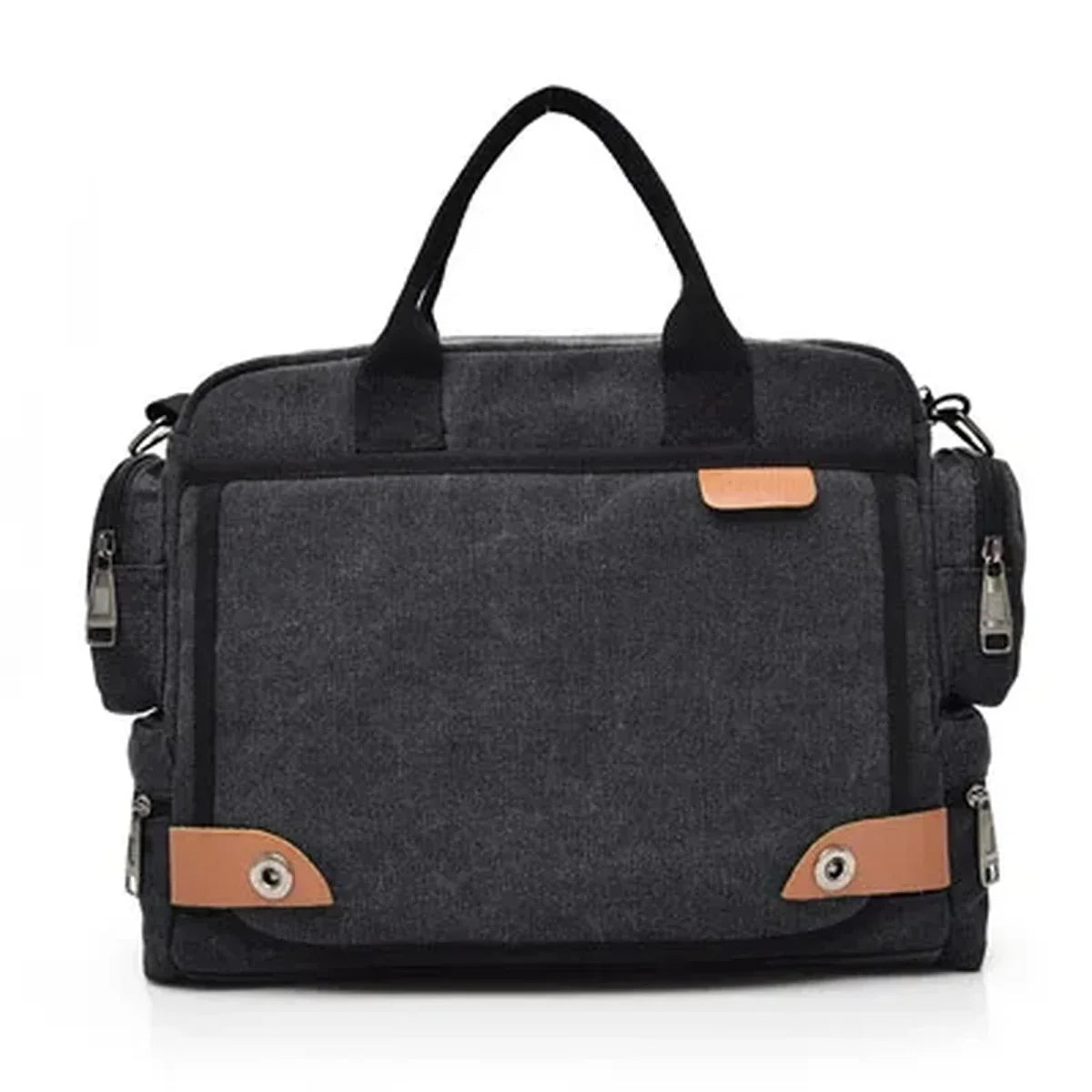 Men’s Canvas Briefcase Bag with Side Zip Pockets for Work and Commute - Black
