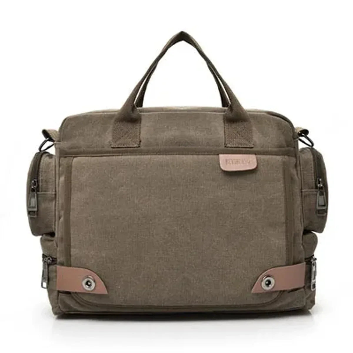 Men’s Canvas Briefcase Bag with Side Zip Pockets for Work and Commute - Brown