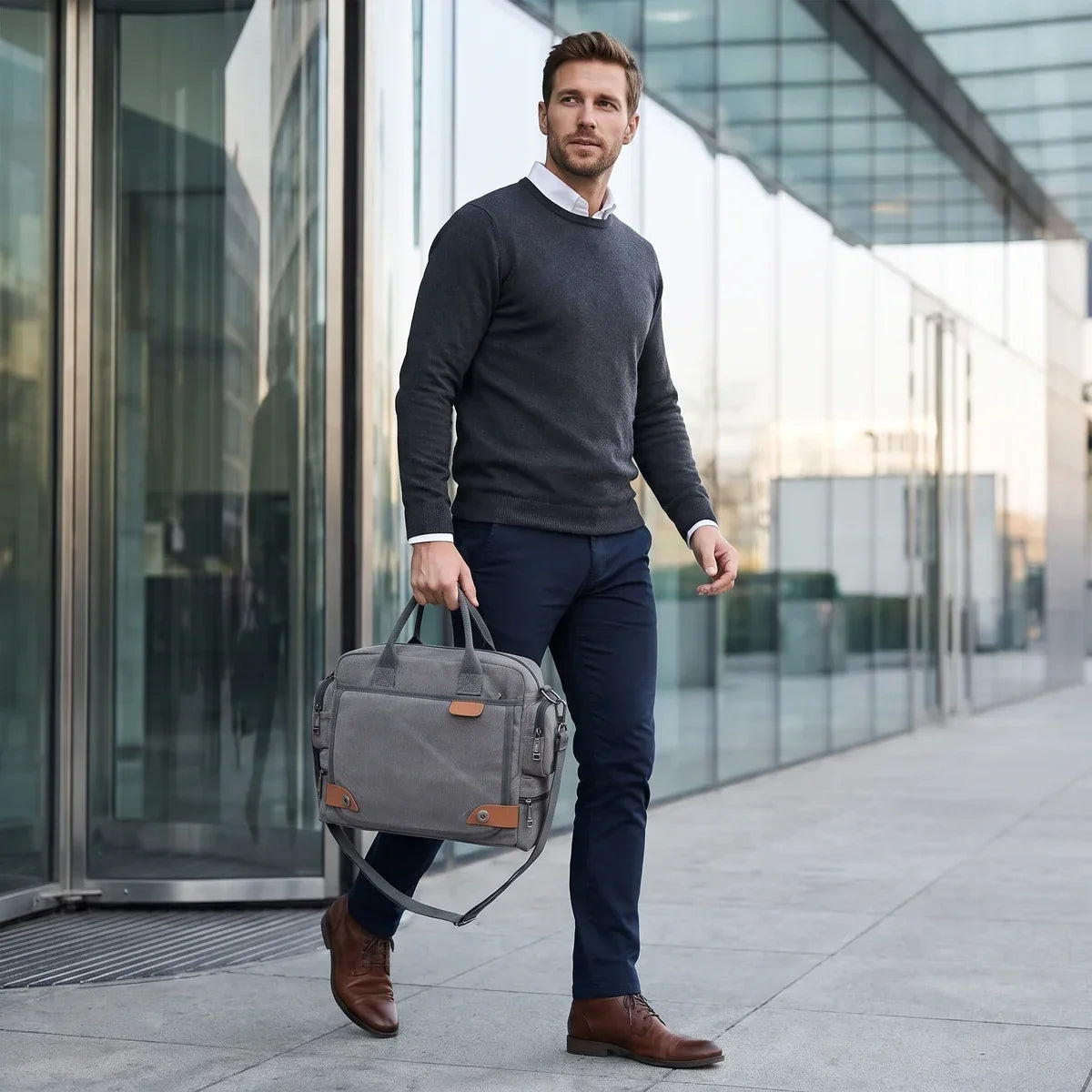 Men’s Canvas Briefcase Bag with Side Zip Pockets for Work and Commute