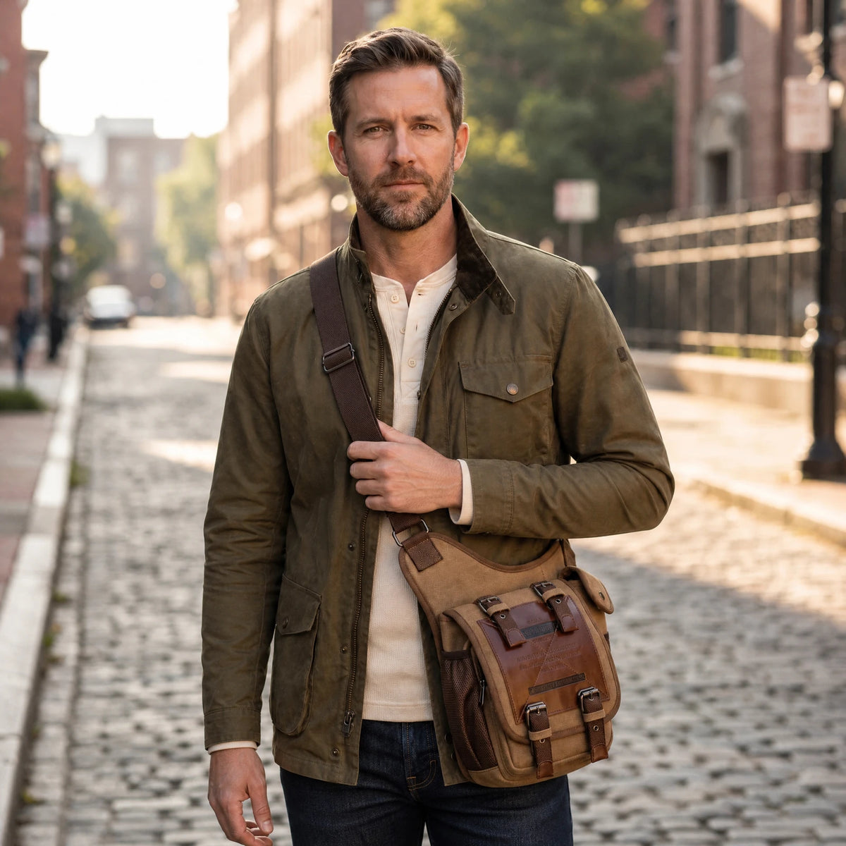 Man wearing the coffee canvas saddle crossbody bag with an olive field jacket