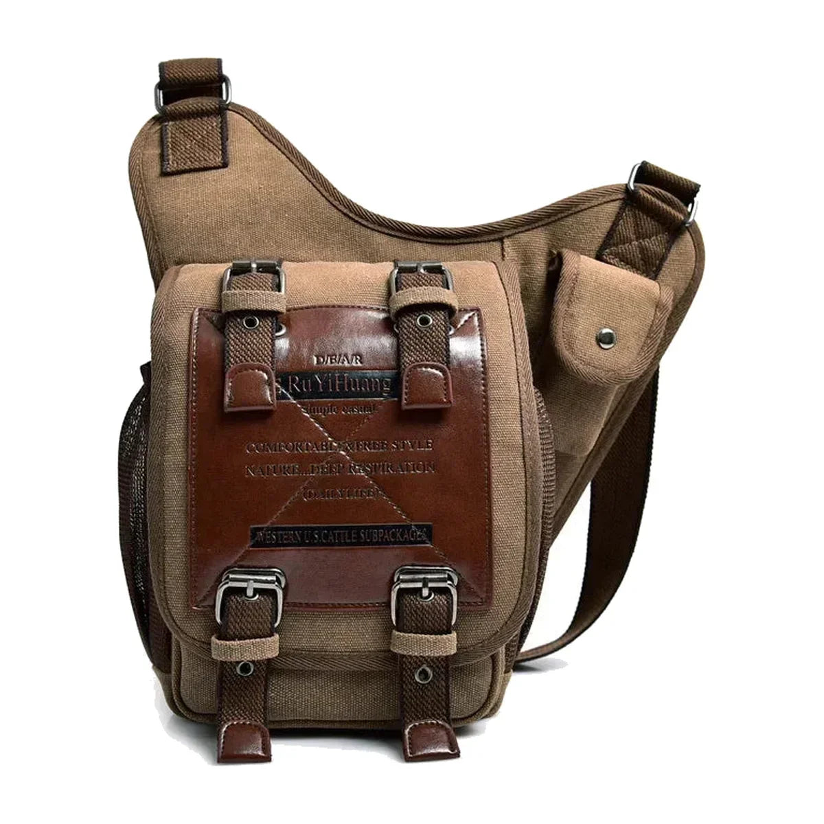 Canvas Saddle Crossbody Bag - Front Panel Buckle Flap & Mesh Side Pocket - Coffee