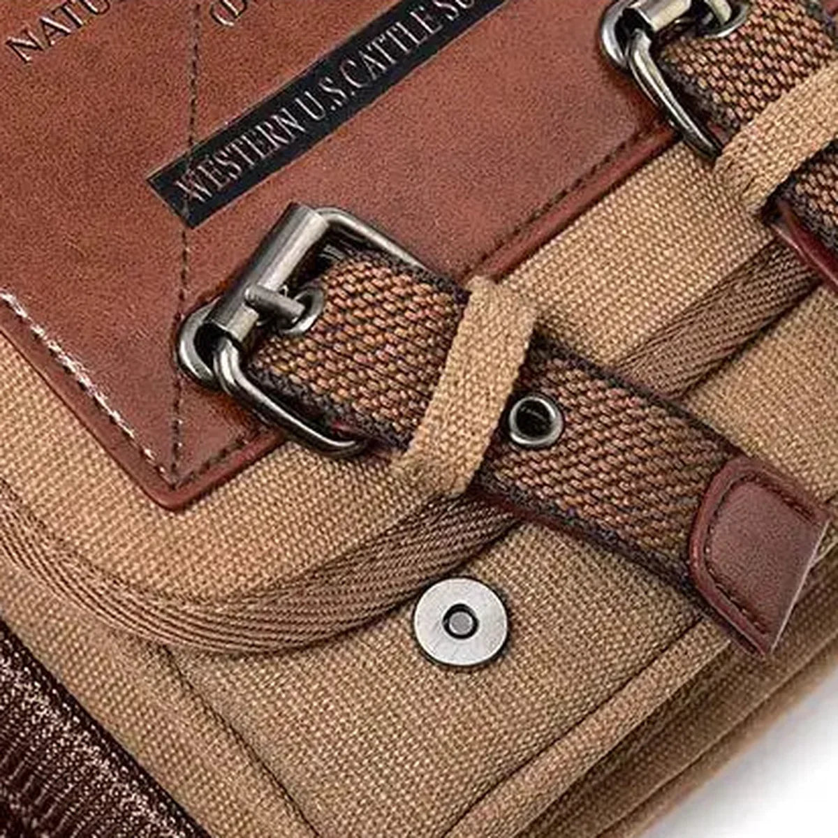 Canvas Saddle Crossbody Bag - Front Panel Buckle Flap & Mesh Side Pocket