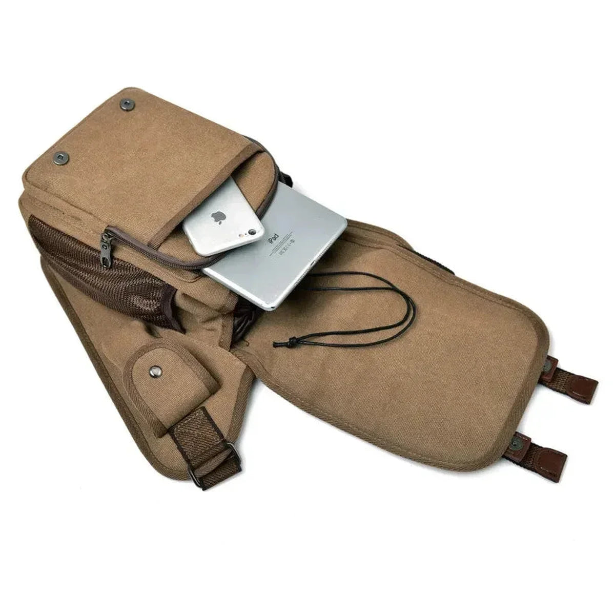 Canvas Saddle Crossbody Bag - Front Panel Buckle Flap & Mesh Side Pocket