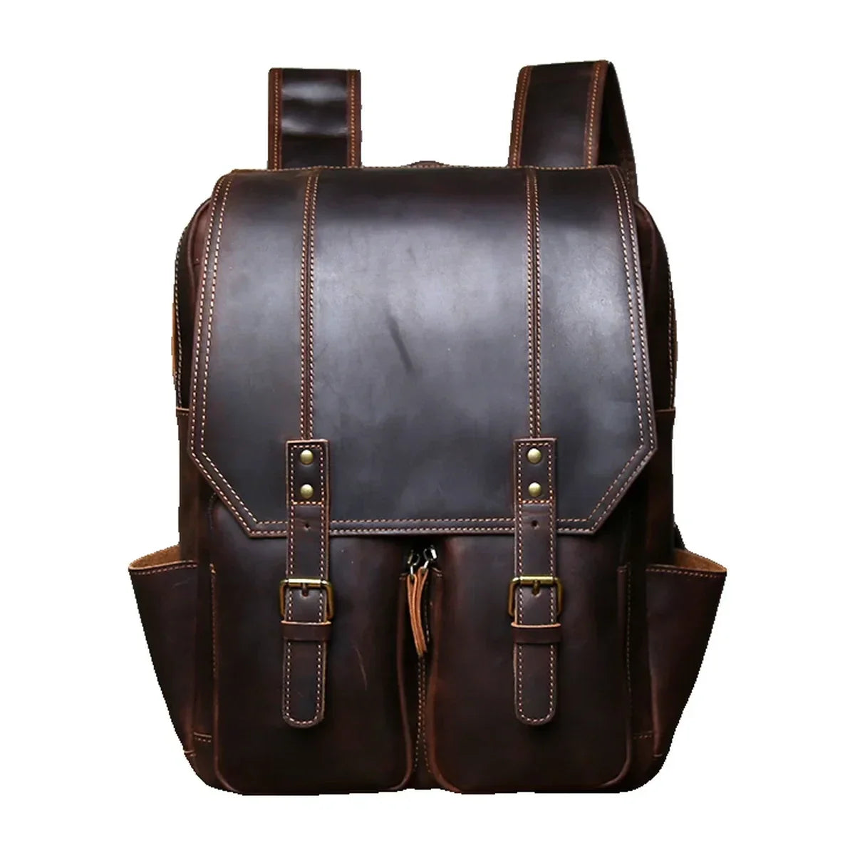 Crazy Horse Leather Flap Backpack for 16 Inch Laptops - Dark Brown