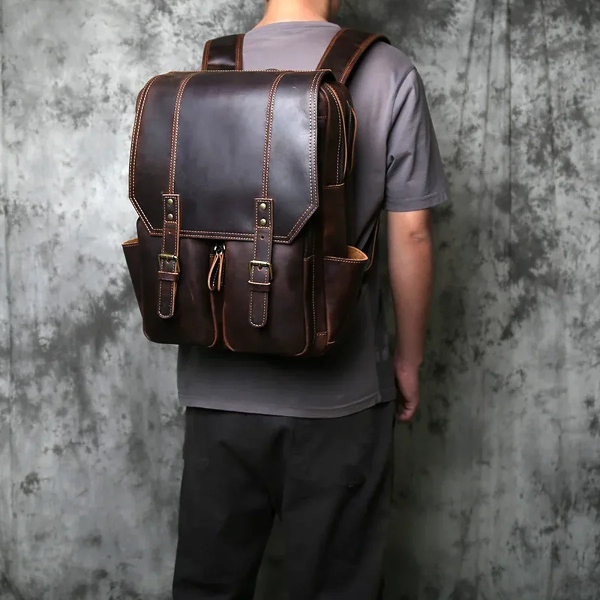 Crazy Horse Leather Flap Backpack for 16 Inch Laptops