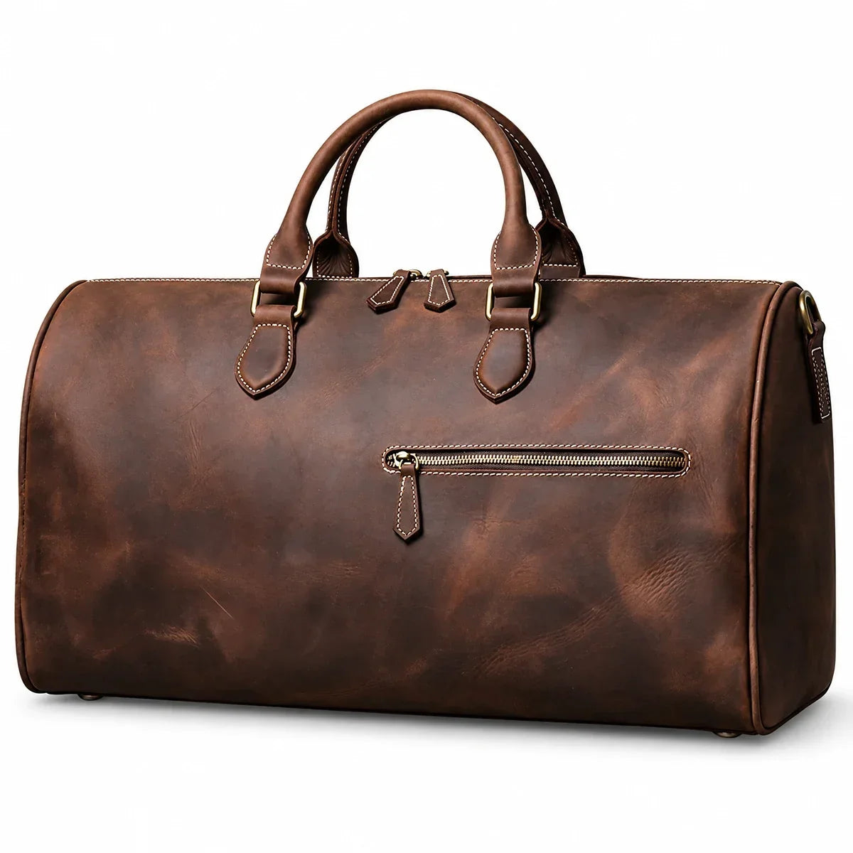 Crazy Horse Leather Barrel Duffle Bag - Coffee