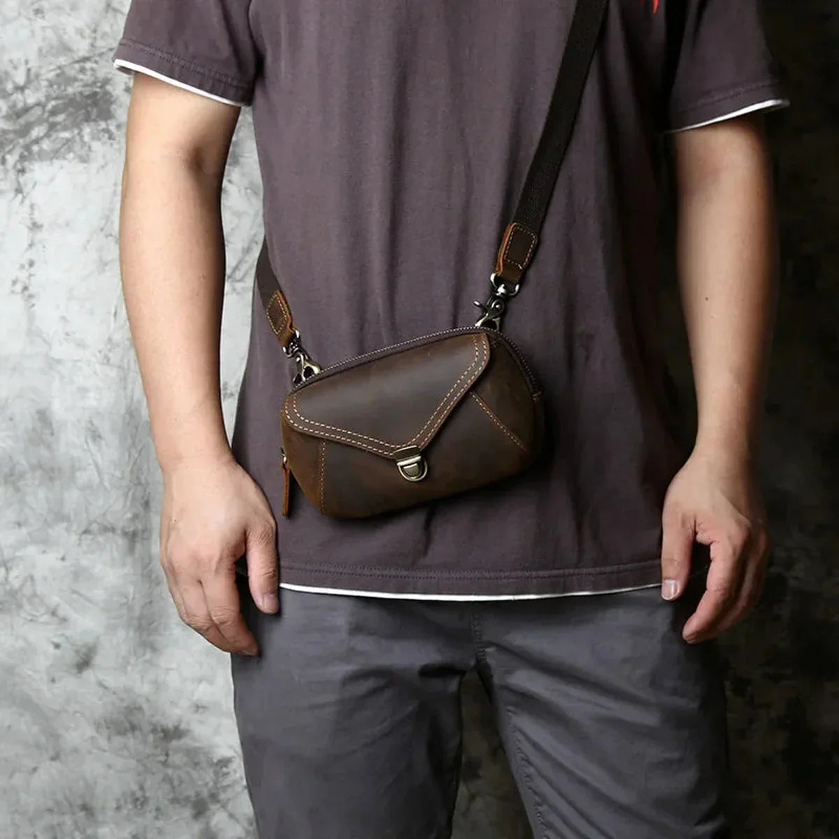 Crazy Horse Leather Belt Pouch - Zip Top Envelope Flap & Wrist Strap