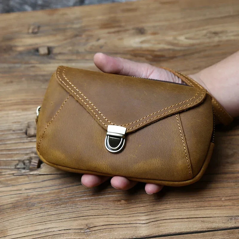 Crazy Horse Leather Belt Pouch - Zip Top Envelope Flap & Wrist Strap - Retro Brown