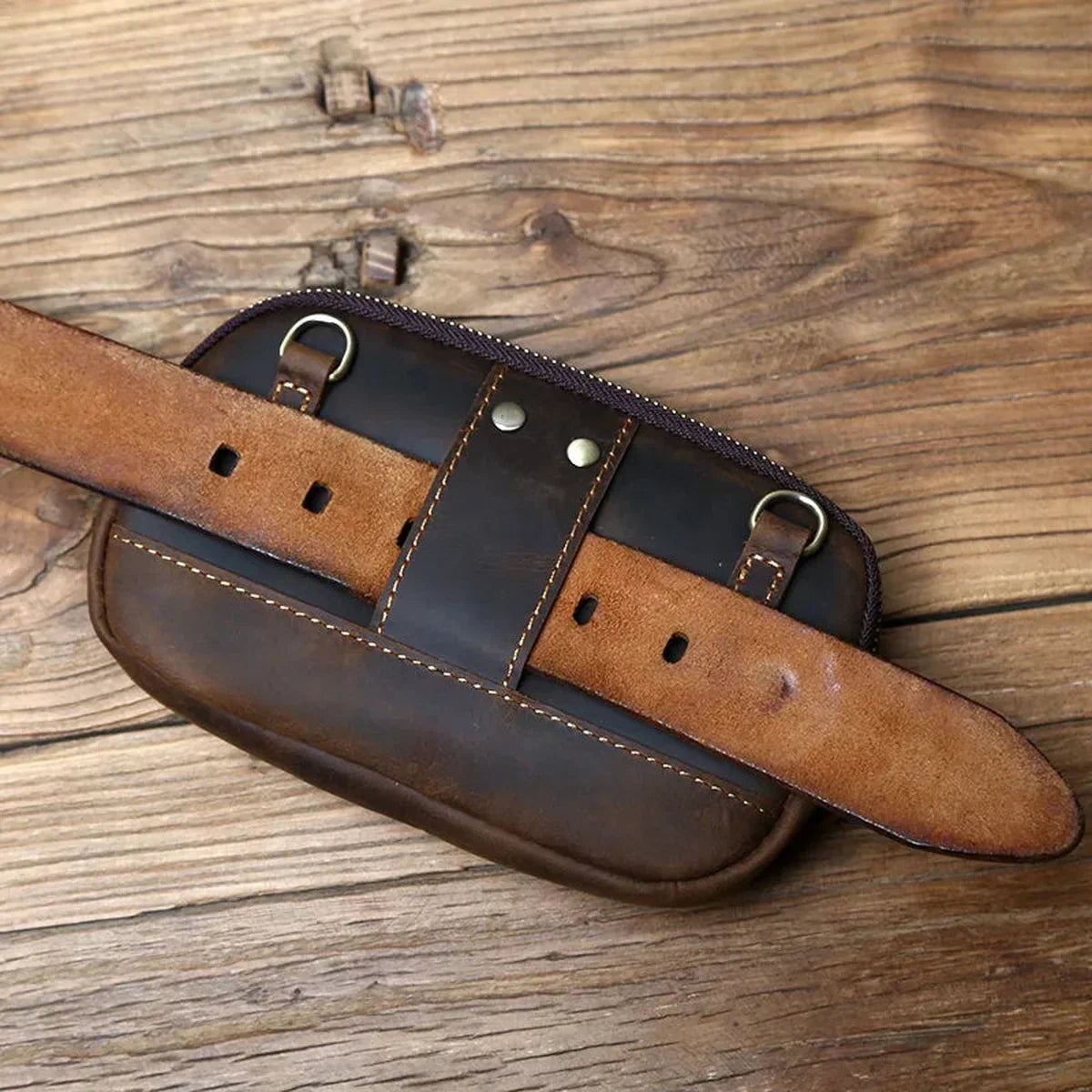 Crazy Horse Leather Belt Pouch - Zip Top Envelope Flap & Wrist Strap