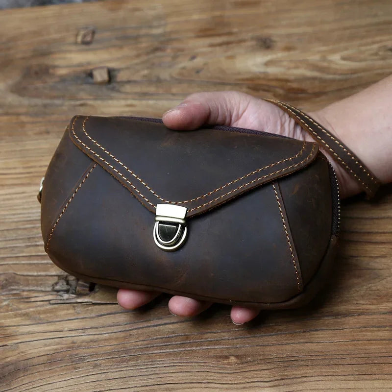 Crazy Horse Leather Belt Pouch - Zip Top Envelope Flap & Wrist Strap - Dark Brown