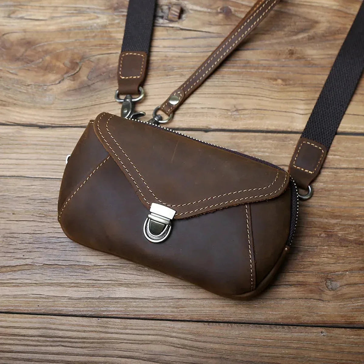 Crazy Horse Leather Belt Pouch - Zip Top Envelope Flap & Wrist Strap