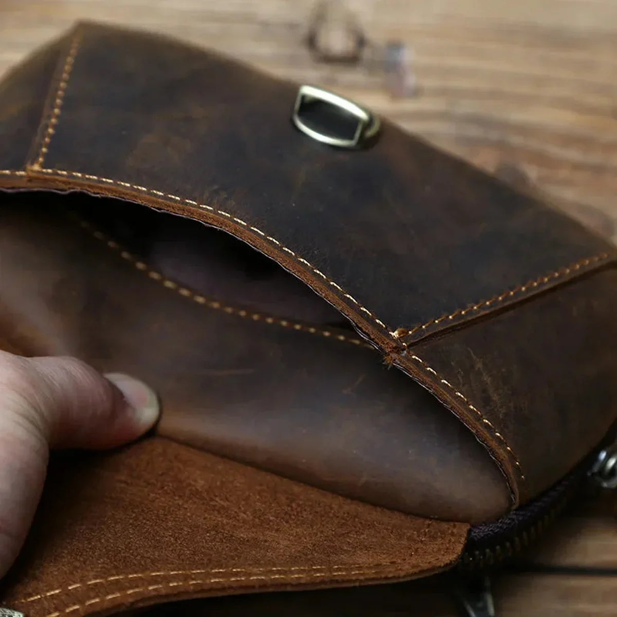 Crazy Horse Leather Belt Pouch - Zip Top Envelope Flap & Wrist Strap