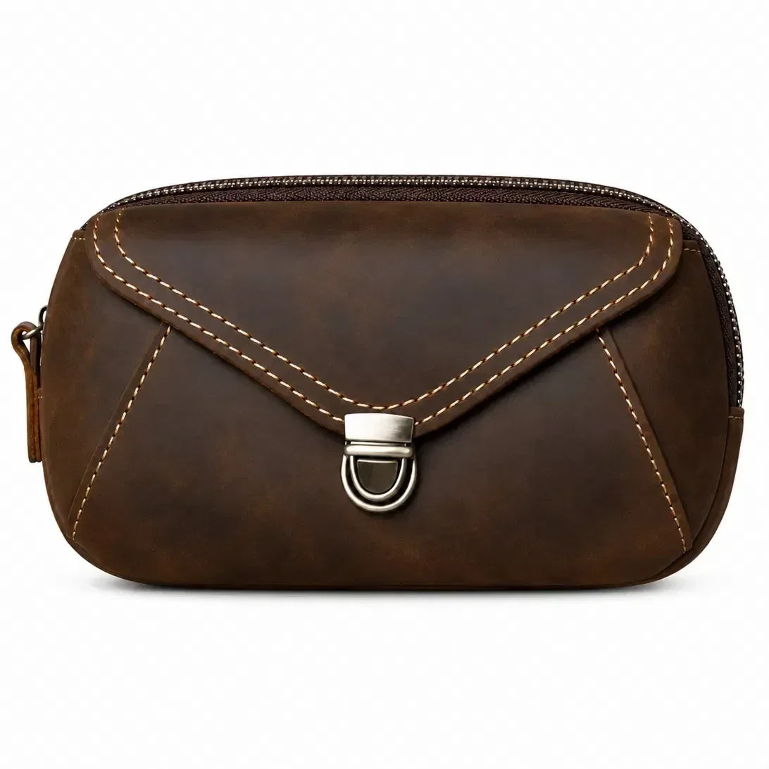 Crazy Horse Leather Belt Pouch - Zip Top Envelope Flap & Wrist Strap - Coffee