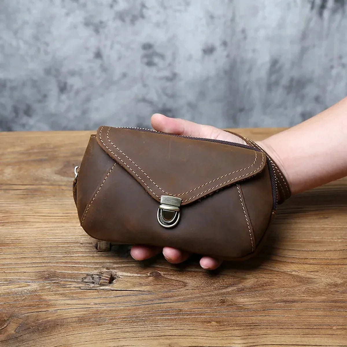 Crazy Horse Leather Belt Pouch - Zip Top Envelope Flap & Wrist Strap