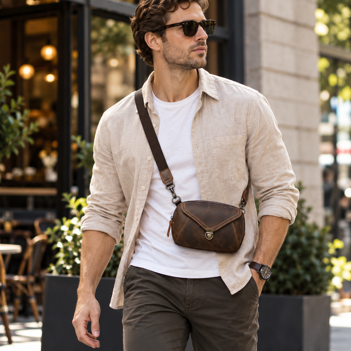 A man wearing a beige linen shirt, white t-shirt, and dark brown pants carries a brown leather crossbody bag with a brown strap in an outdoor urban setting.