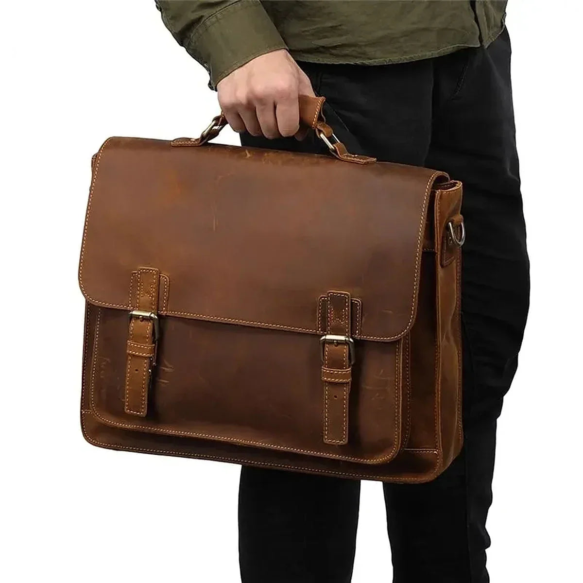Crazy Horse Satchel Briefcase with Back Zip Pocket