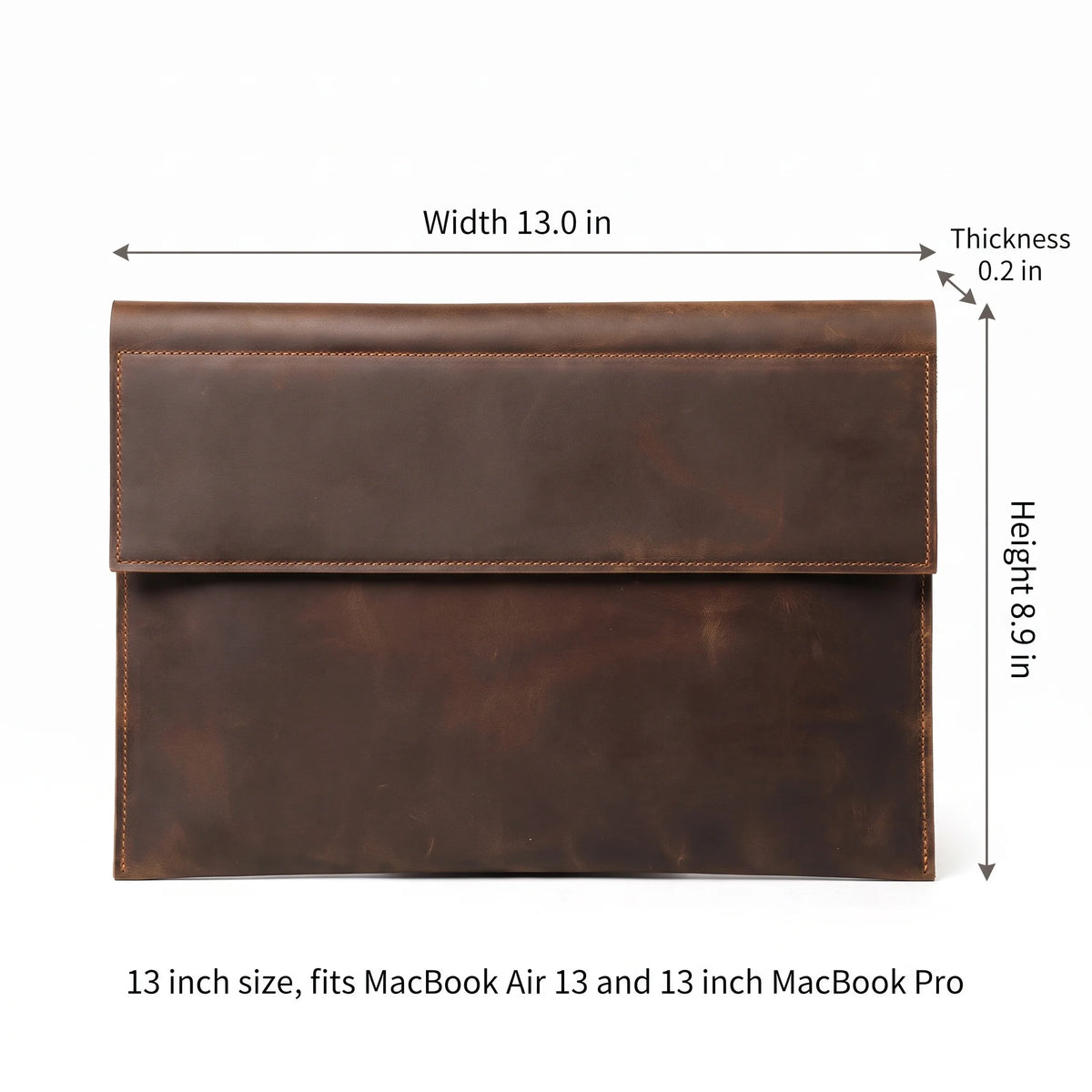 Crazy Horse Leather Laptop Sleeve - Magnetic Flap Case - Coffee / 13 inch