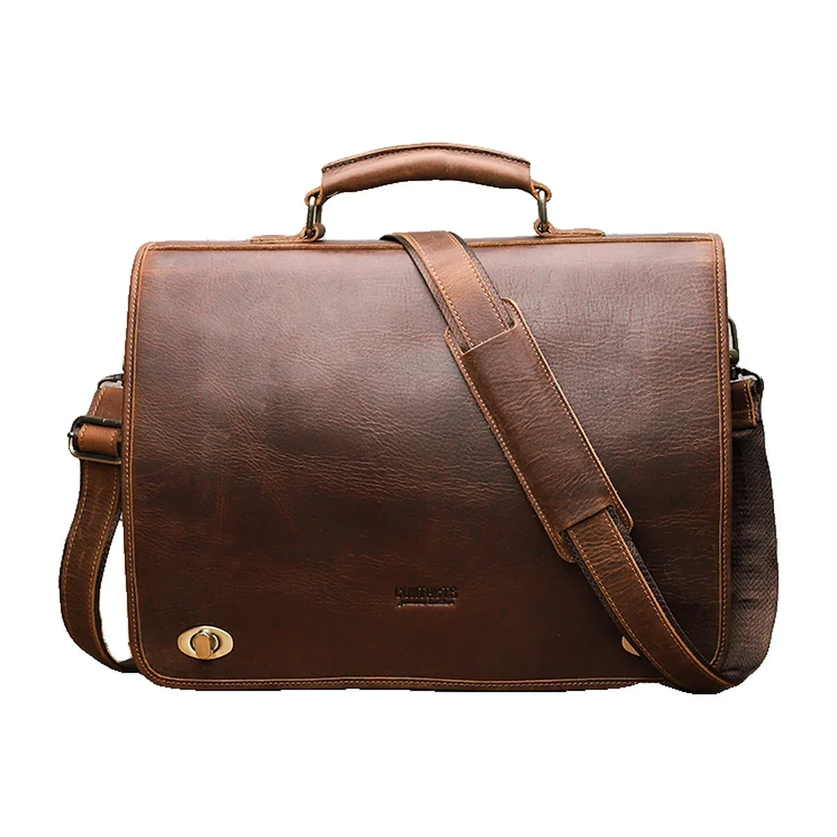 Leather Messenger Briefcase with Twist Locks - Brown