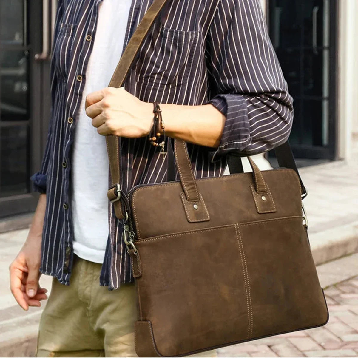 Crazy Horse Leather Slim Briefcase - Zip Laptop Bag with Shoulder Strap