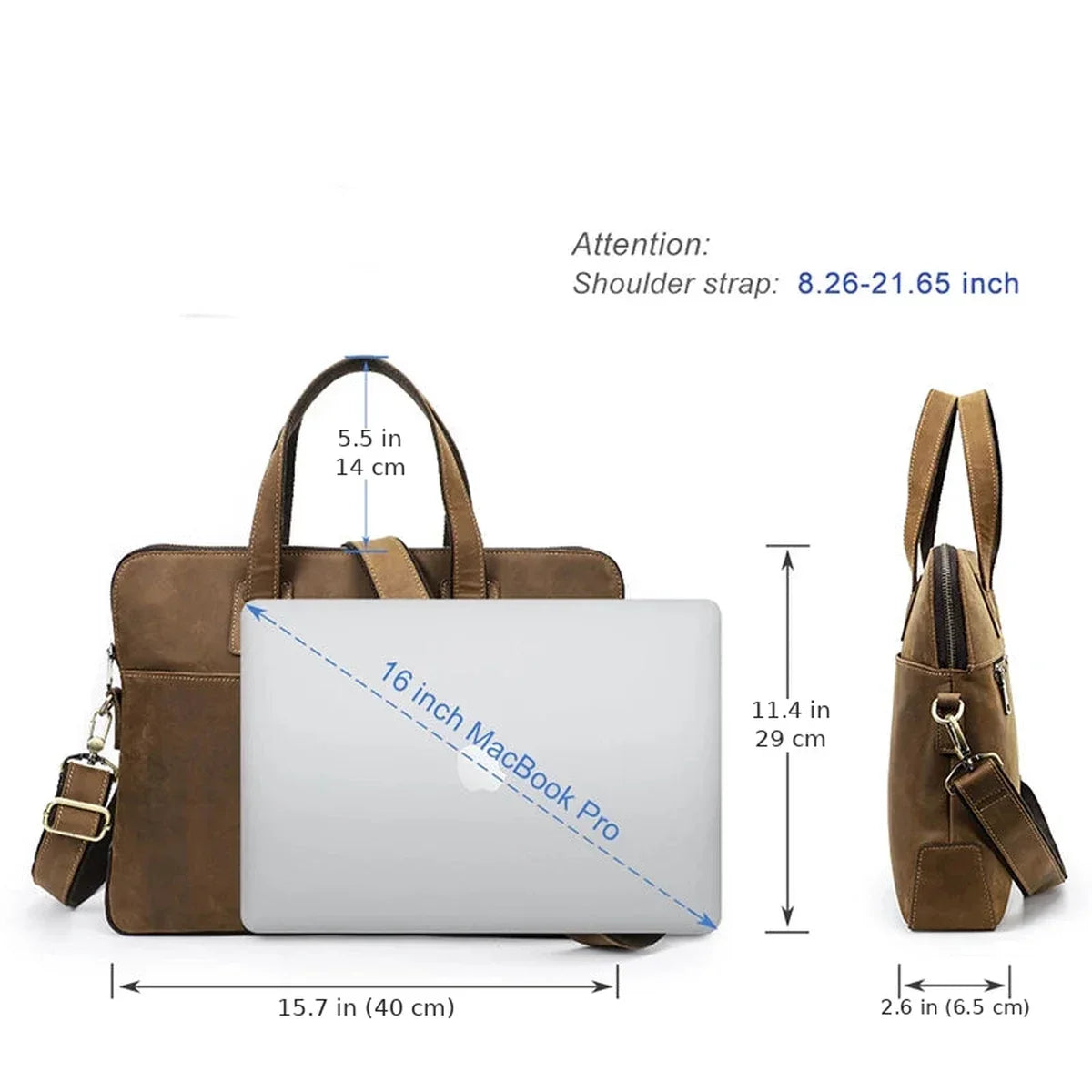 Crazy Horse Leather Slim Briefcase - Zip Laptop Bag with Shoulder Strap - 16 inch