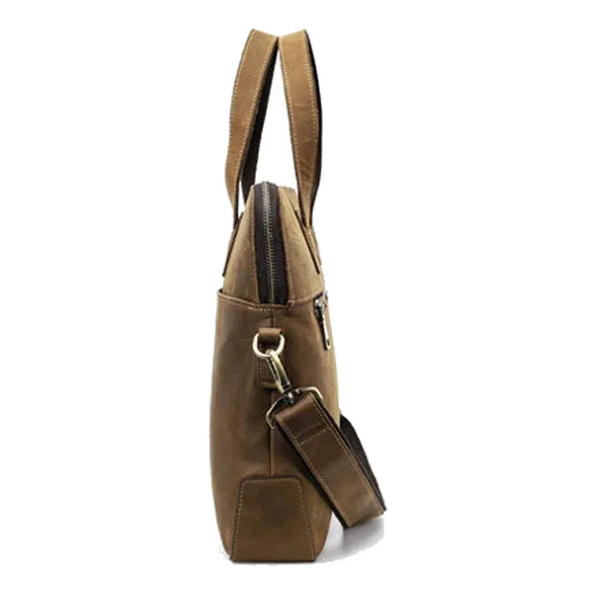 Crazy Horse Leather Slim Briefcase - Zip Laptop Bag with Shoulder Strap