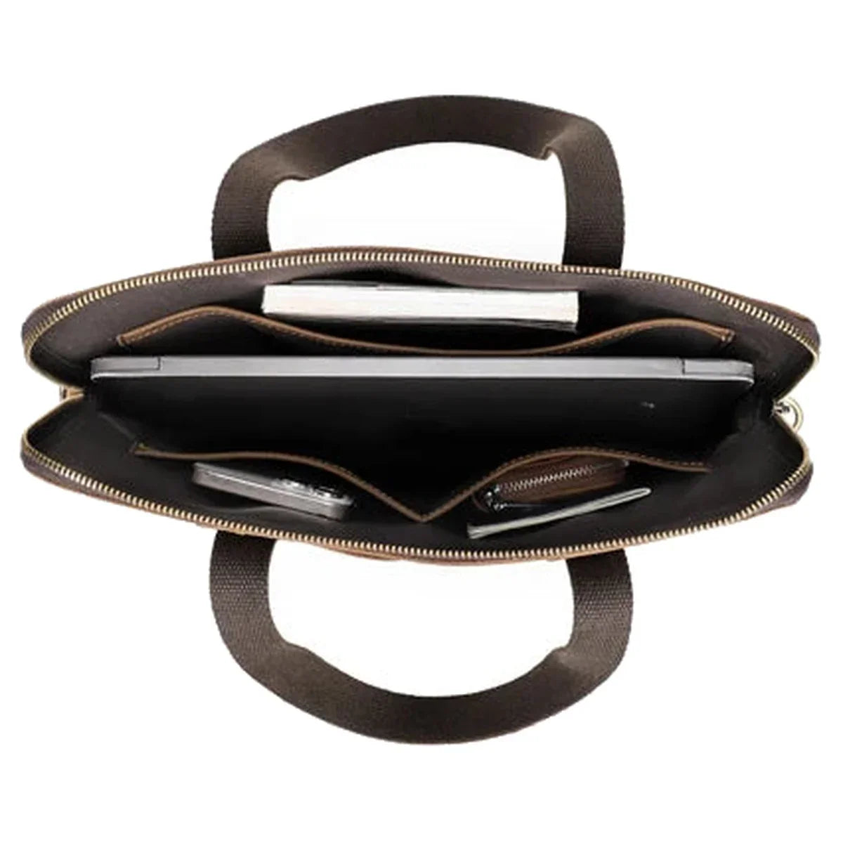 Crazy Horse Leather Slim Briefcase - Zip Laptop Bag with Shoulder Strap