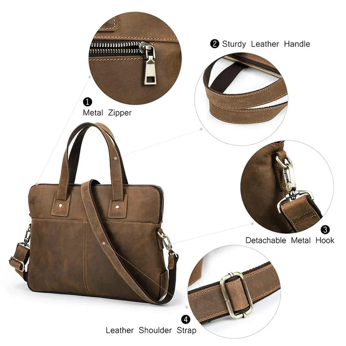 Crazy Horse Leather Slim Briefcase - Zip Laptop Bag with Shoulder Strap