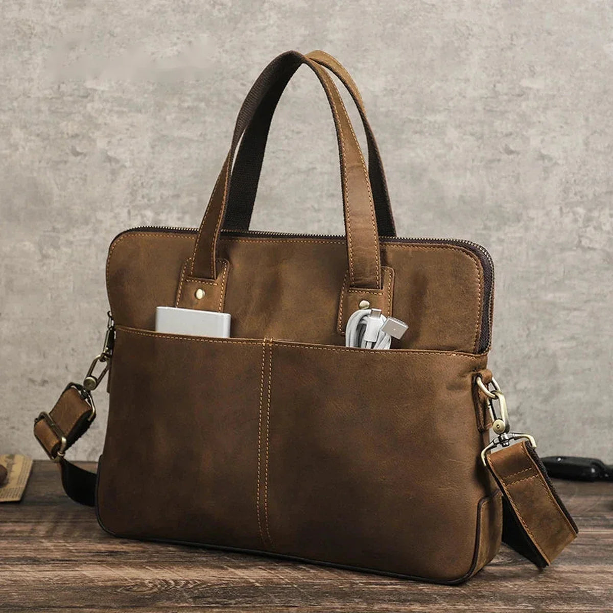 Crazy Horse Leather Slim Briefcase - Zip Laptop Bag with Shoulder Strap