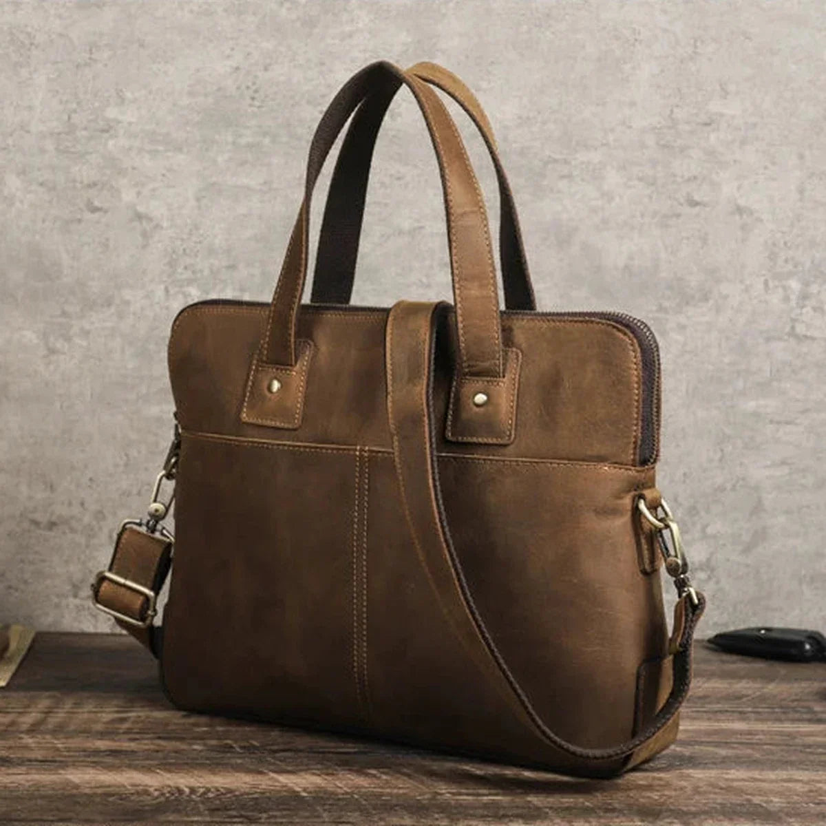 Crazy Horse Leather Slim Briefcase - Zip Laptop Bag with Shoulder Strap