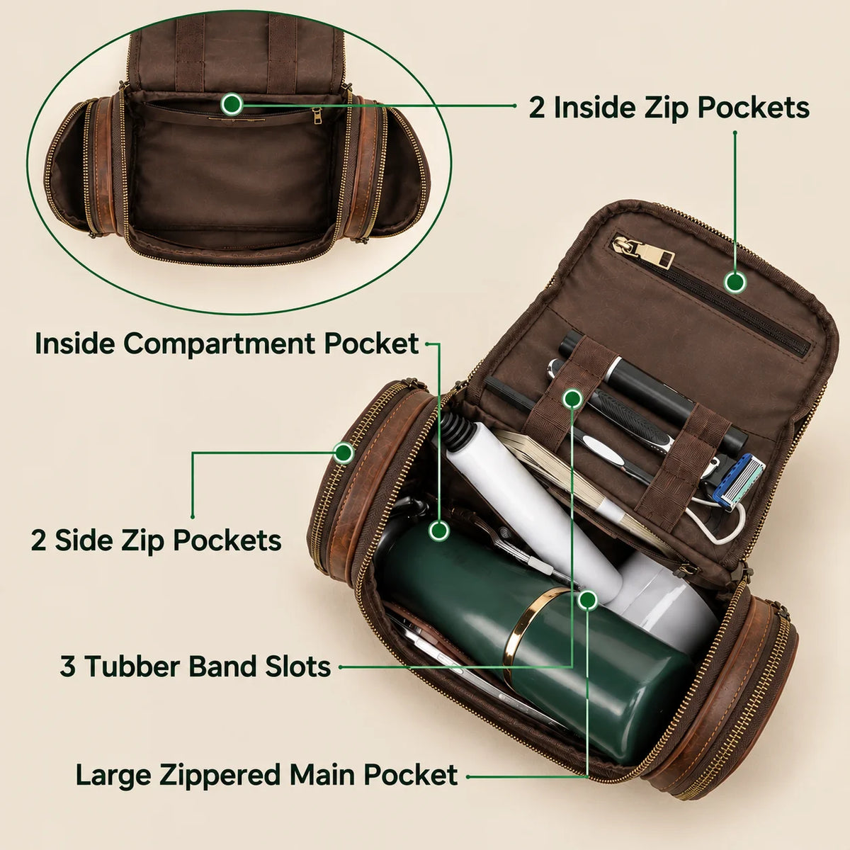 Crazy Horse Leather Toiletry Bag - Structured Top Handle Dopp Kit - Coffee