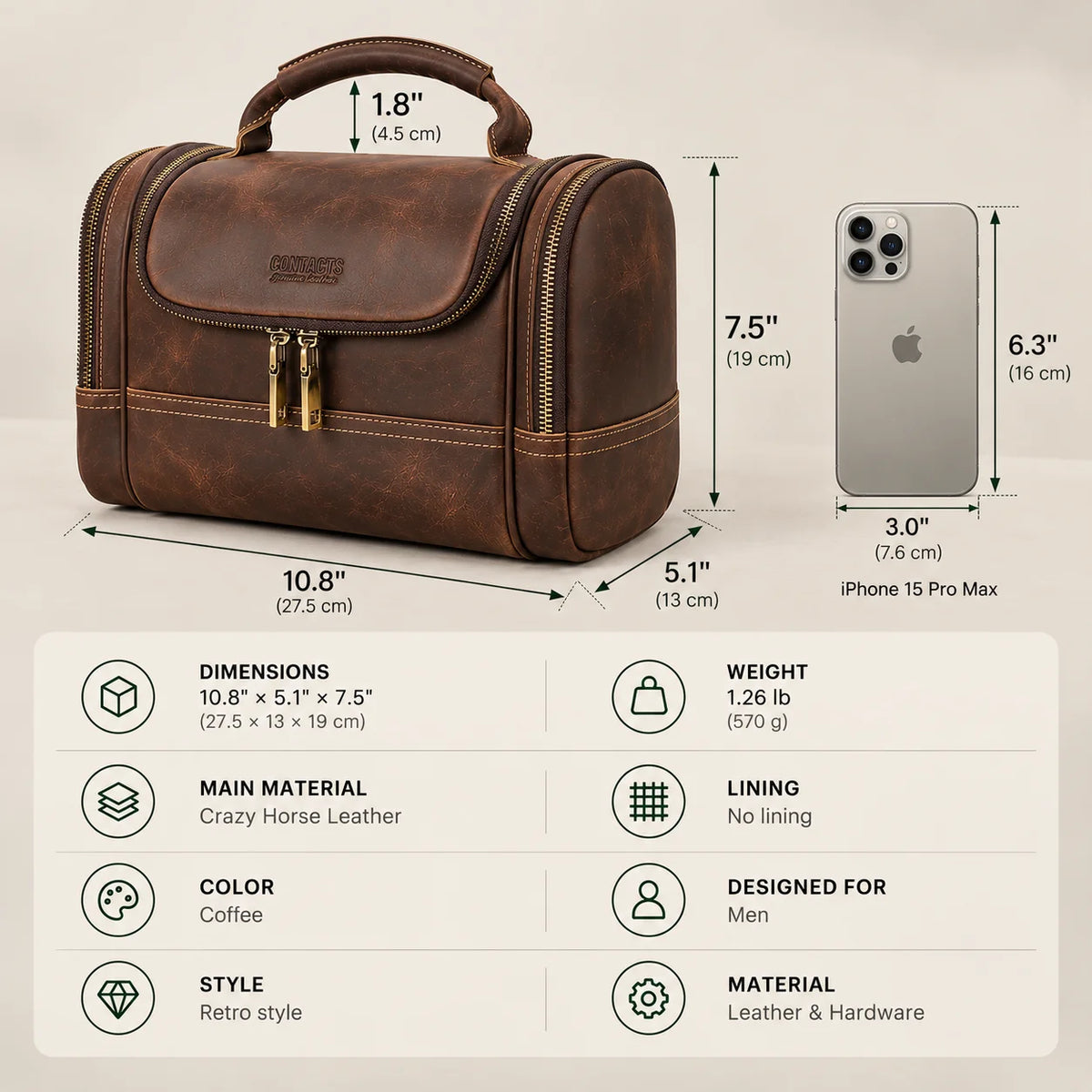 Crazy Horse Leather Toiletry Bag - Structured Top Handle Dopp Kit - Coffee