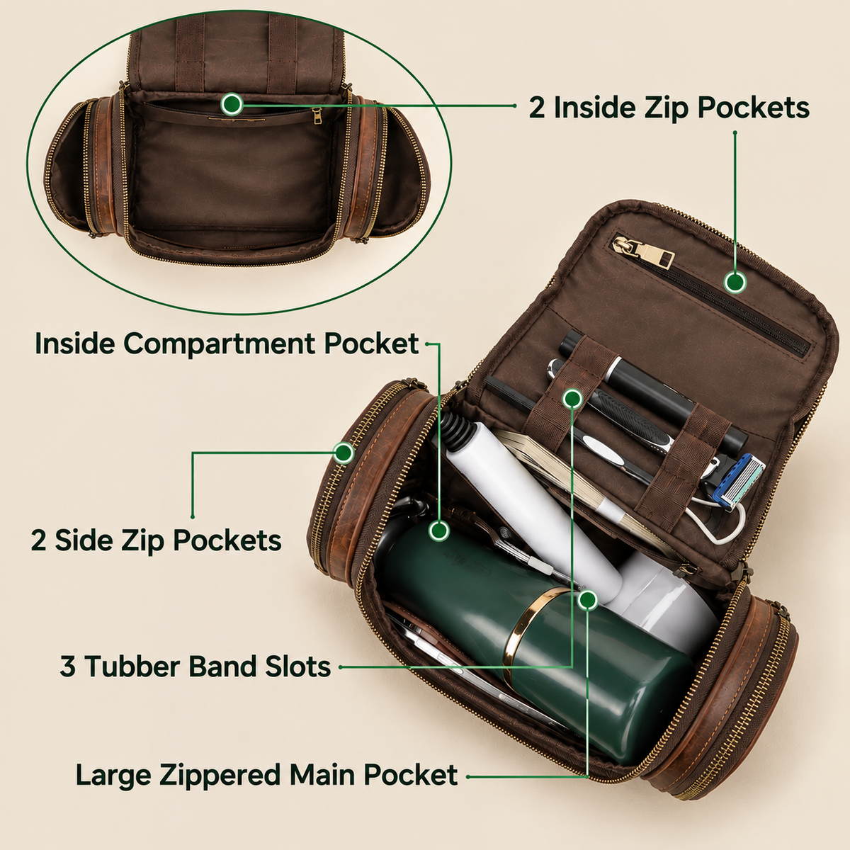 Crazy Horse Leather Toiletry Bag - Structured Top Handle Dopp Kit