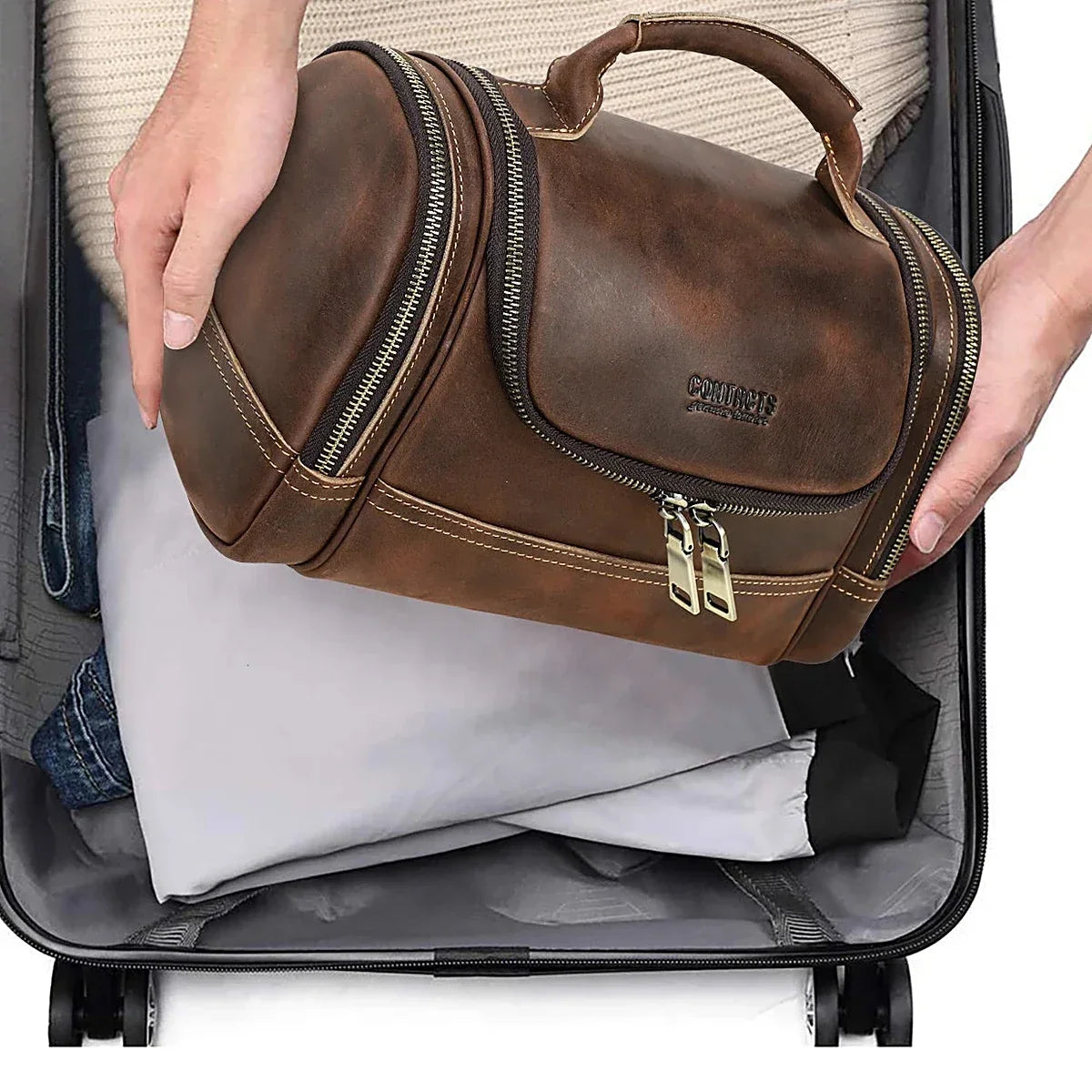 Crazy Horse Leather Toiletry Bag - Structured Top Handle Dopp Kit - Coffee