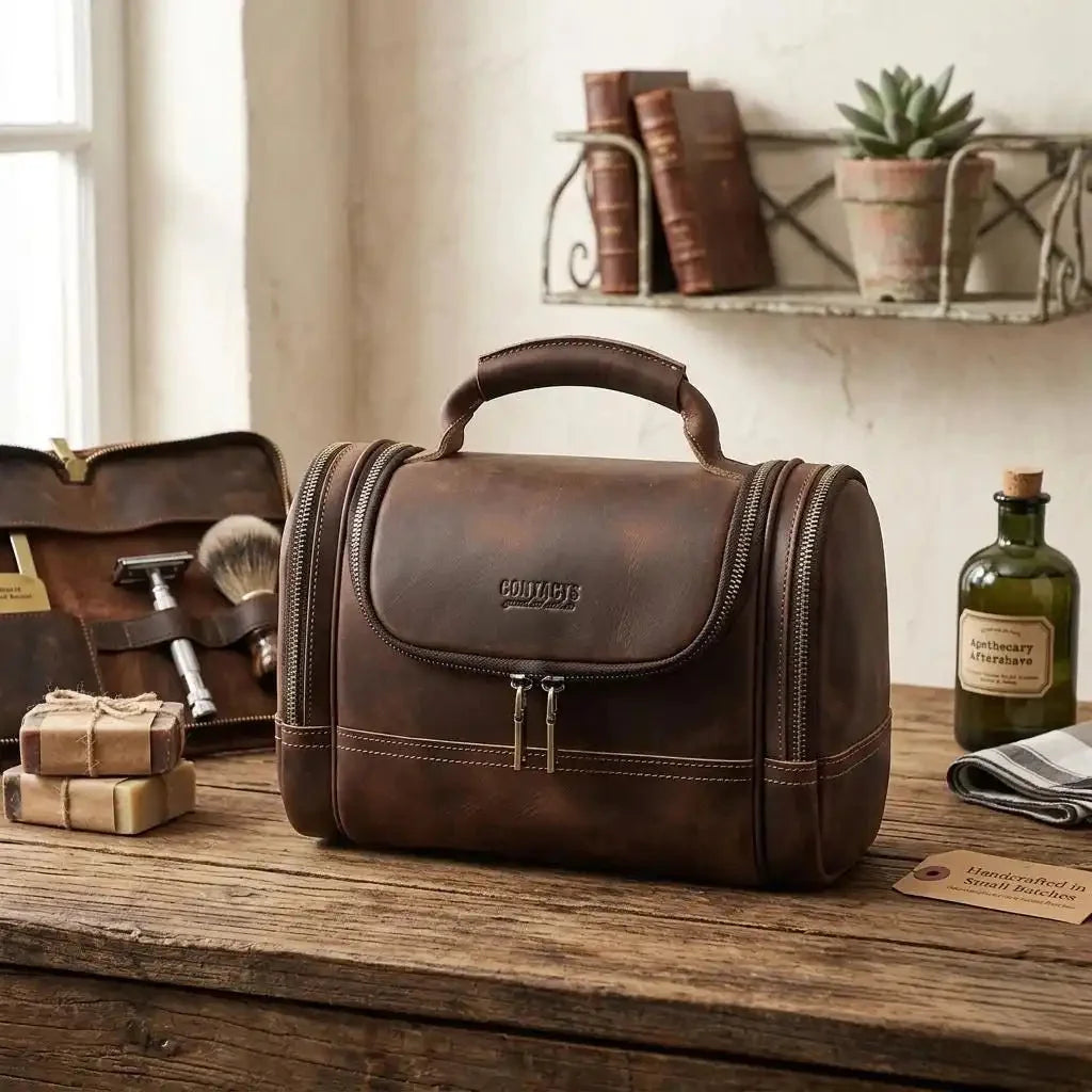Crazy Horse Leather Toiletry Bag - Structured Top Handle Dopp Kit - Coffee