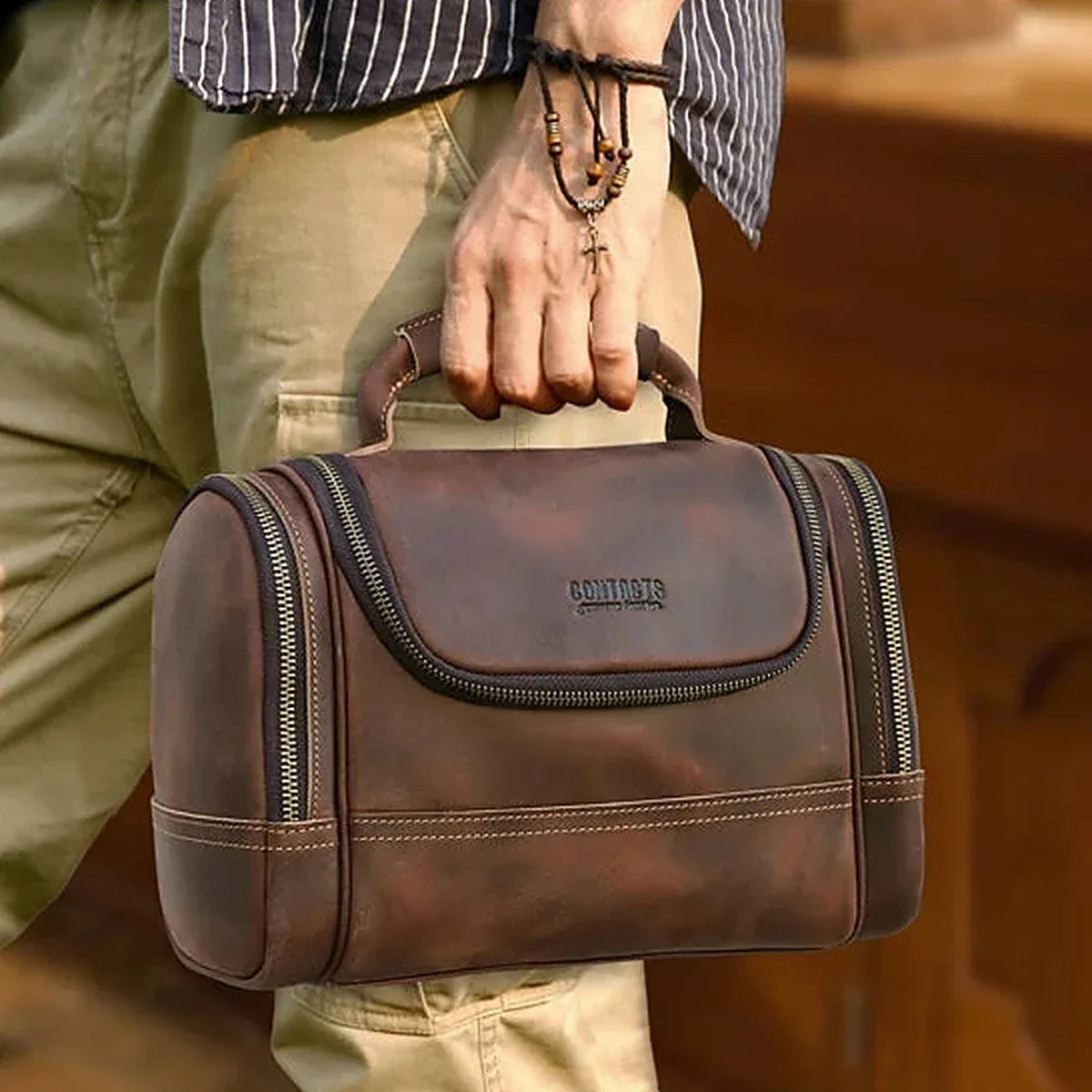 Crazy Horse Leather Toiletry Bag - Structured Top Handle Dopp Kit - Coffee