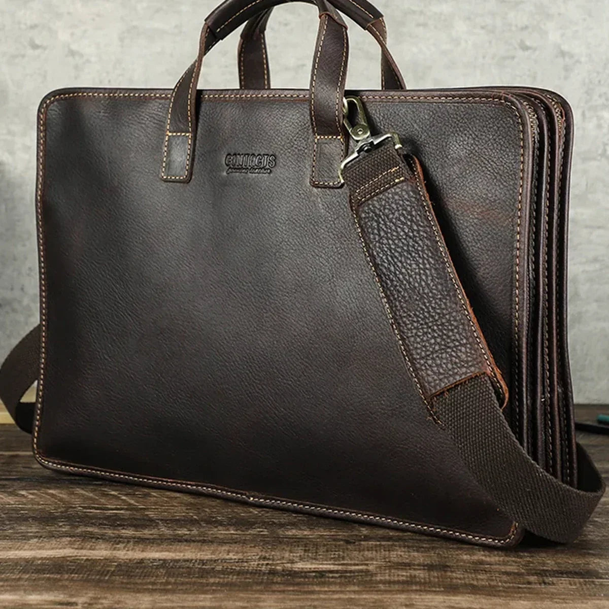 Men’s Leather Laptop Briefcase with 3 Zip Compartments for Work - Coffee