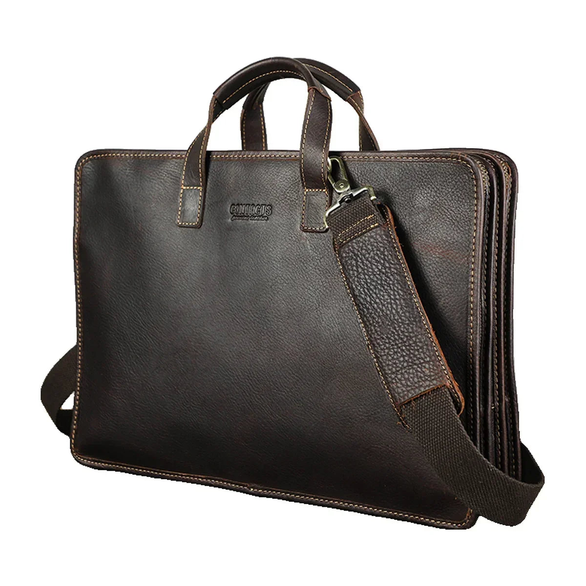 Men’s Leather Laptop Briefcase with 3 Zip Compartments for Work - Coffee