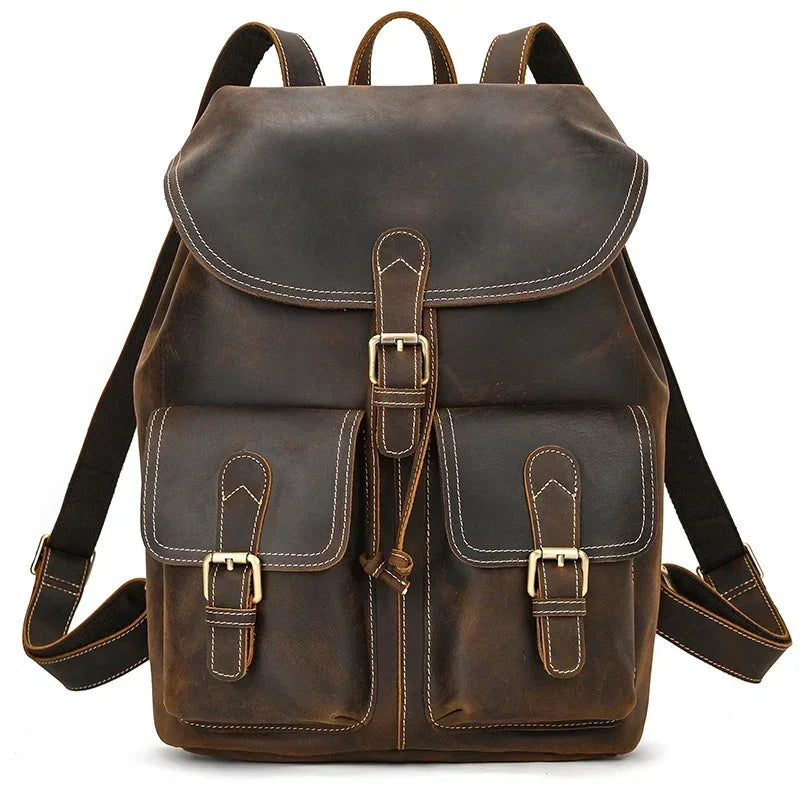Full-Grain Leather Vintage Backpack – Soft Structure with Triple Flap Pockets - Dark brown