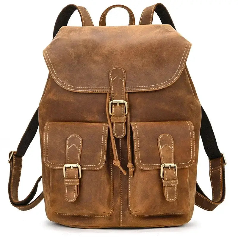 Full-Grain Leather Vintage Backpack – Soft Structure with Triple Flap Pockets - Brown