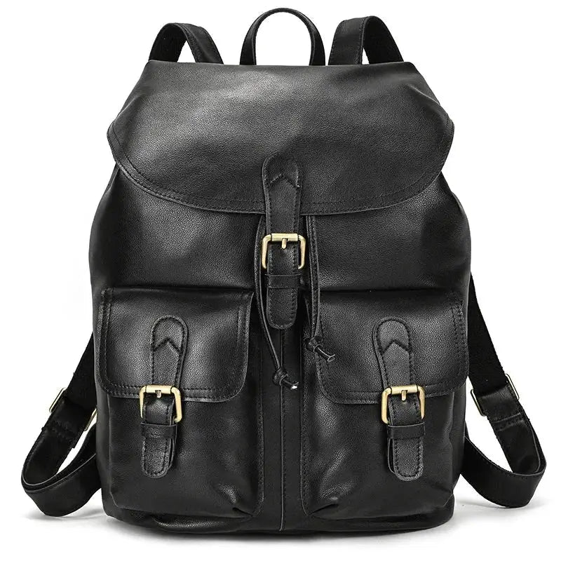 Full-Grain Leather Vintage Backpack – Soft Structure with Triple Flap Pockets - Black